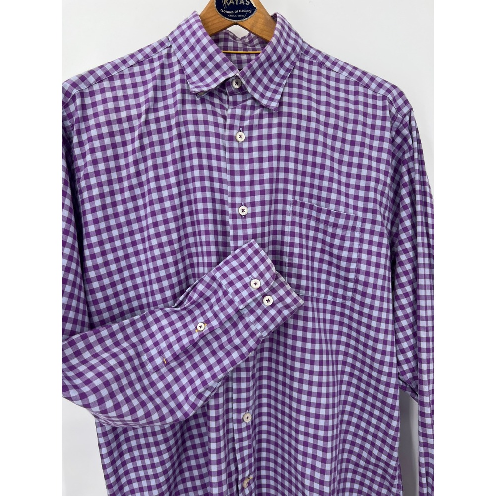 Robert Talbott Classic Mens Large Purple Gingham Button Down Shirt 100% Cotton